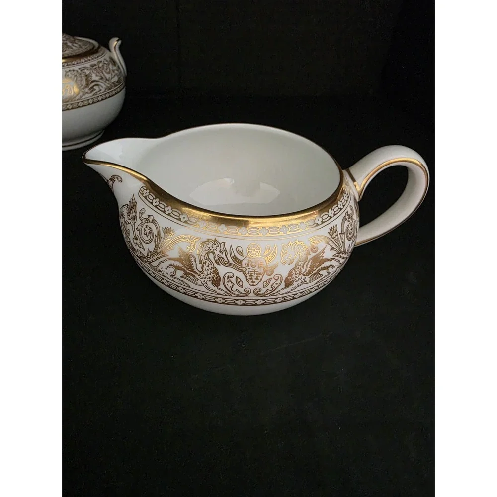 VINTAGE Wedgwood Bone China Gold Florentine Creamer and Sugar Bowl, England